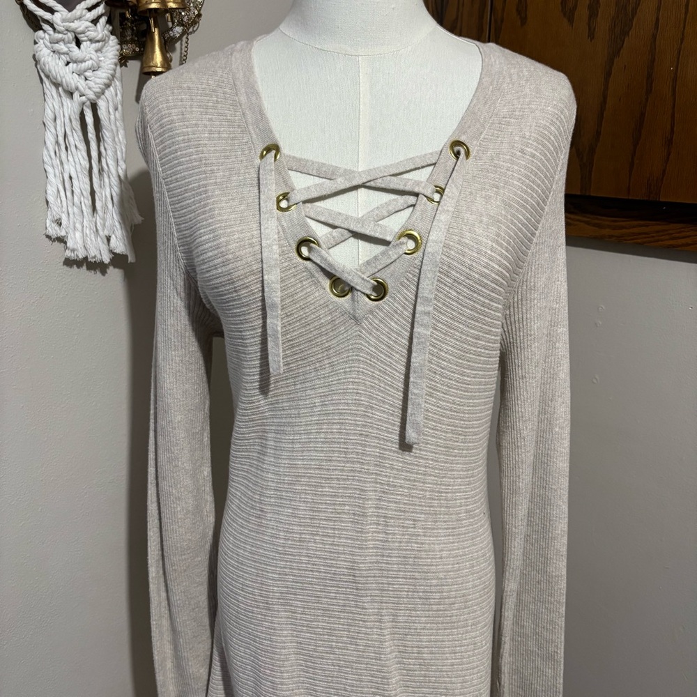 INC Beige Boho V-Neck Fringe Tunic Sweater Style Dress Size Large Lace Up Front - Picture 2 of 8